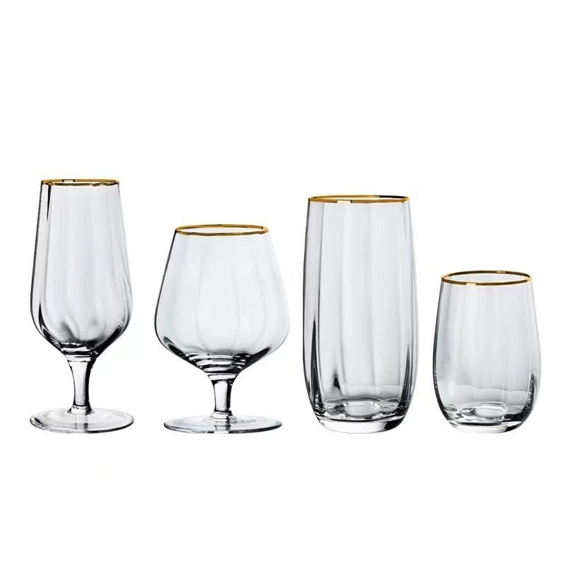 Grandwell tableware Striped Crystal Wine Glass Gold Edged Prism Red Wine Goblet Hotel Transparent Brandy Glass