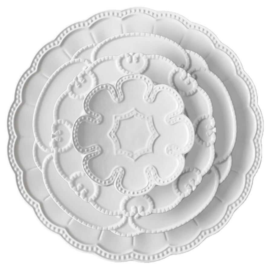 Grandwell Tableware Embossed White Scallop Ceramic Plate Set For Wedding