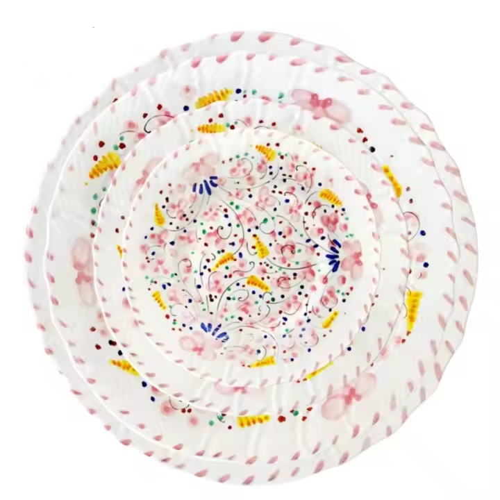 Pink Floral Pattern Dinnerware Fresh Bone China Dinner Plate Embossed Ceramic Charger Lace Rim Porcelain Dinner Set for Party